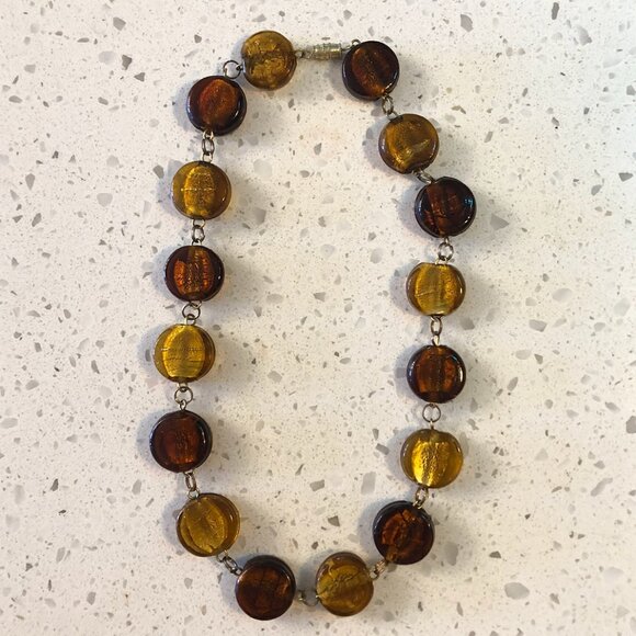 Vintage Murano-Style Glass Bead Necklace – Amber & Gold Tones - Picture 1 of 2